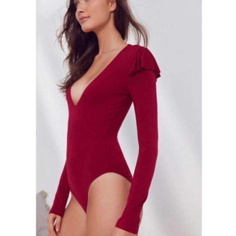 Out From Under Burgundy Plunging V-Neck Ruffle Shoulder Bodysuit